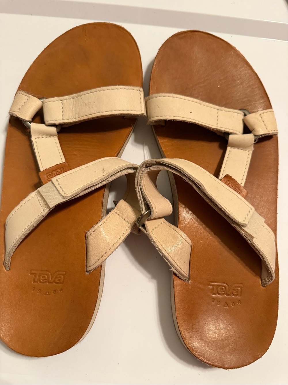 Teva Women's Cream Leather Strap Sandals with Tan Footbed